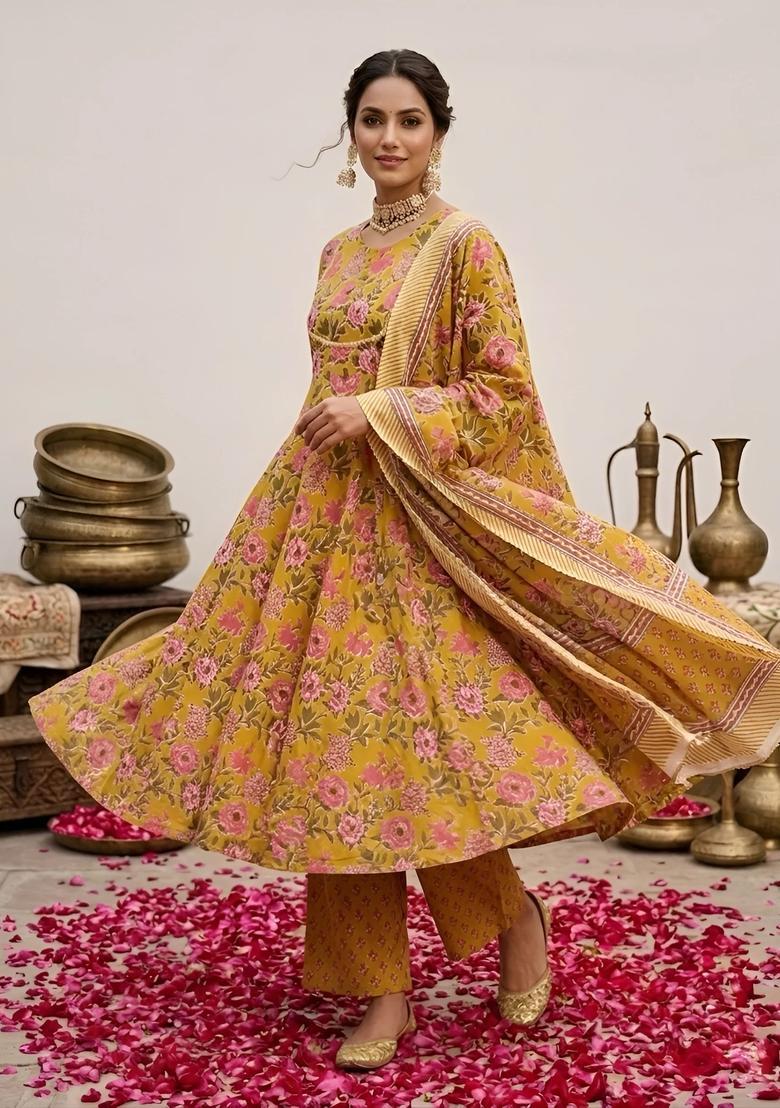 Yellow Floral Print Cotton Palazzo Set - Indya