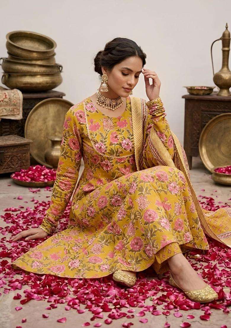 Yellow Floral Print Cotton Palazzo Set - Indya