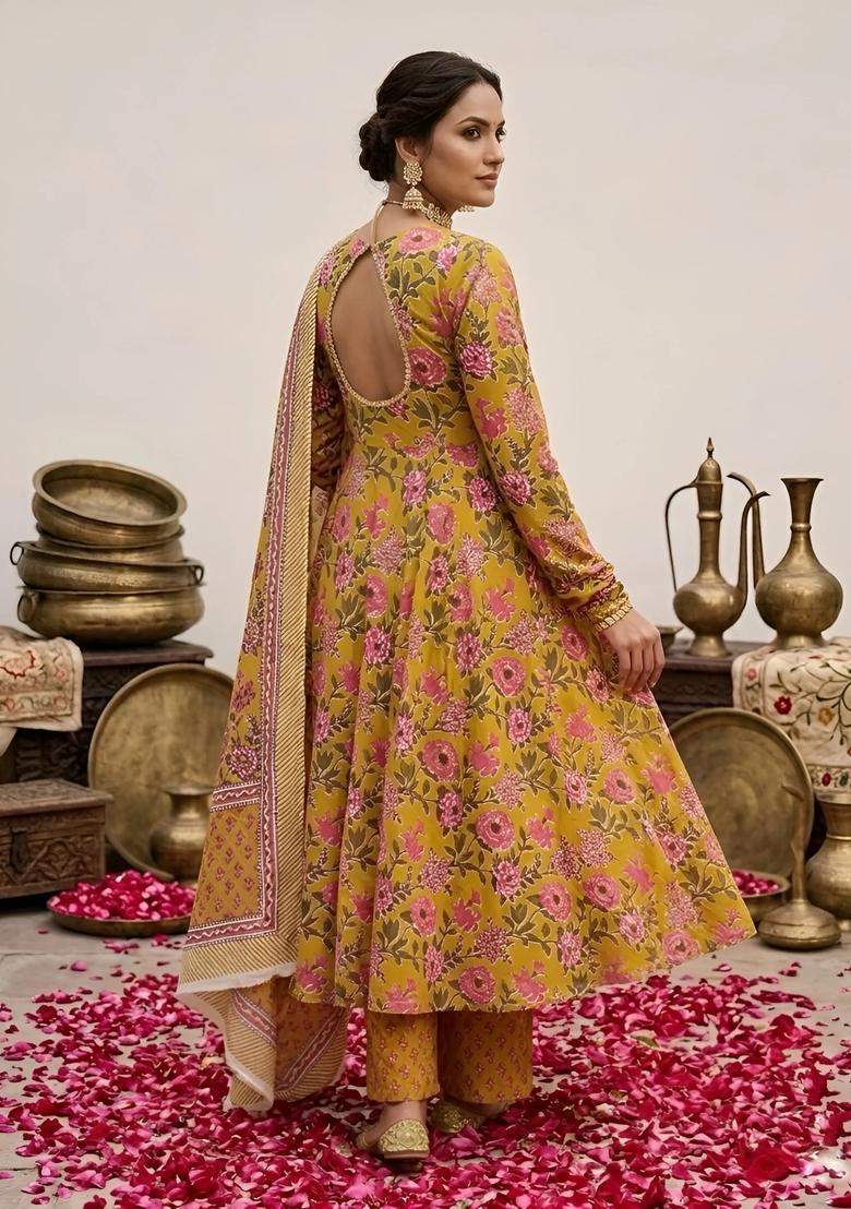 Yellow Floral Print Cotton Palazzo Set - Indya