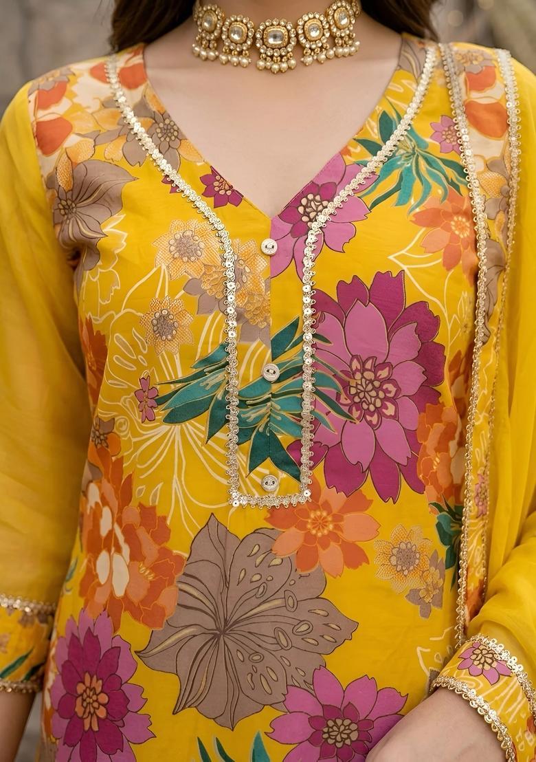 Yellow Printed Silk Palazzo Set - Indya