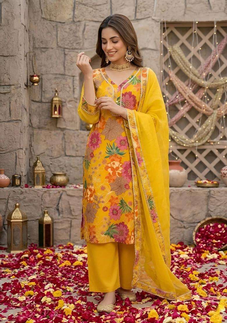 Yellow Printed Silk Palazzo Set - Indya
