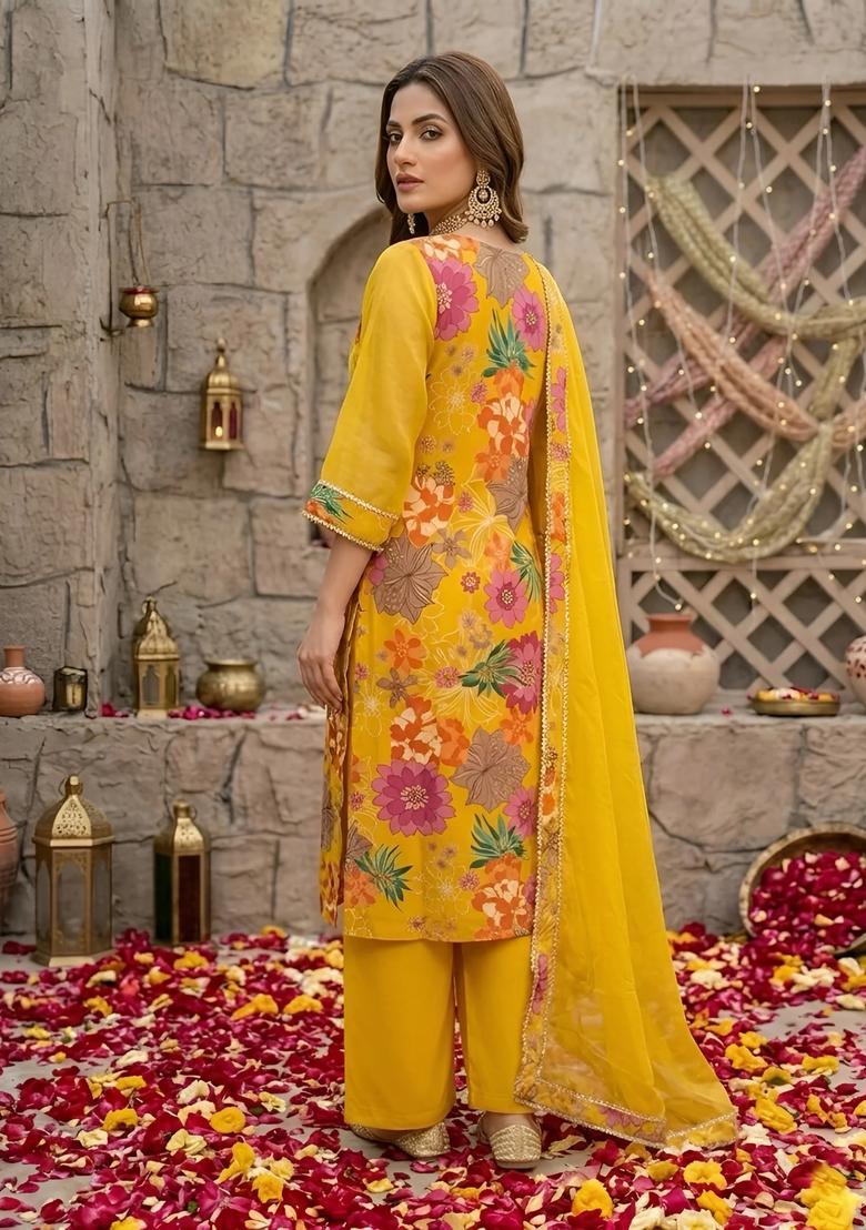 Yellow Printed Silk Palazzo Set - Indya