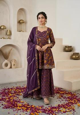 Purple Printed Cotton Kurta Set