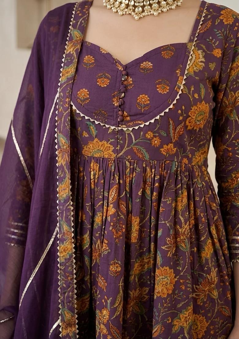 Purple Printed Cotton Kurta Set - Indya