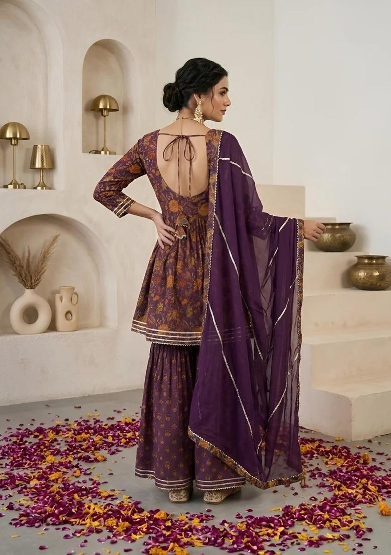 Purple Printed Cotton Kurta Set - Indya