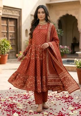 Rust Printed Cotton Kurta Set