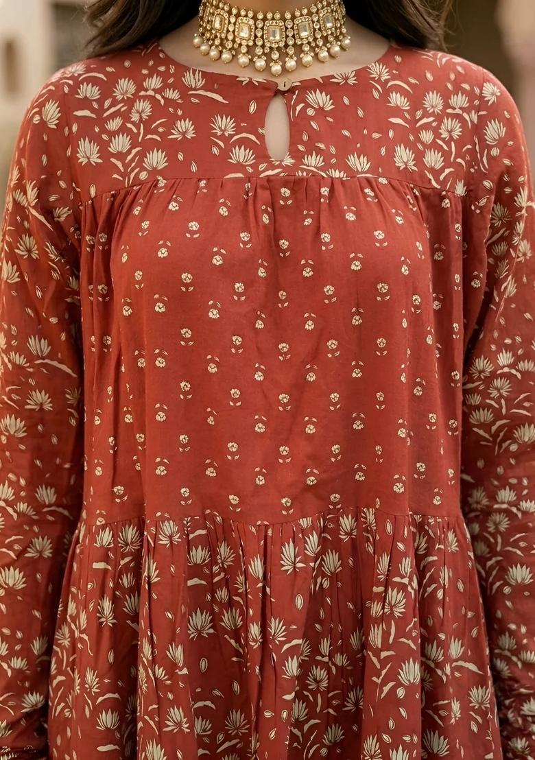 Rust Printed Cotton Kurta Set - Indya
