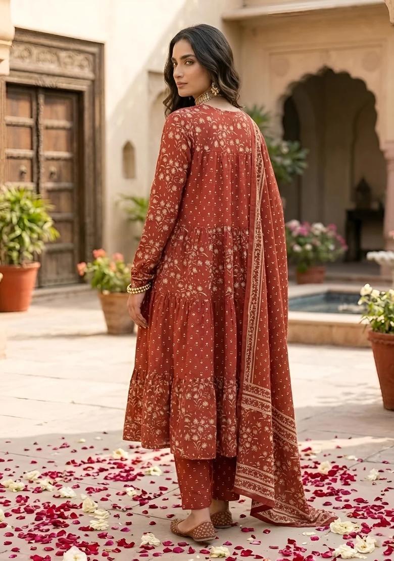 Rust Printed Cotton Kurta Set - Indya