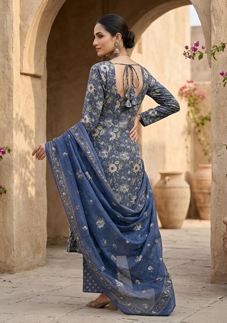 Blue Printed Cotton Palazzo Set - Indya