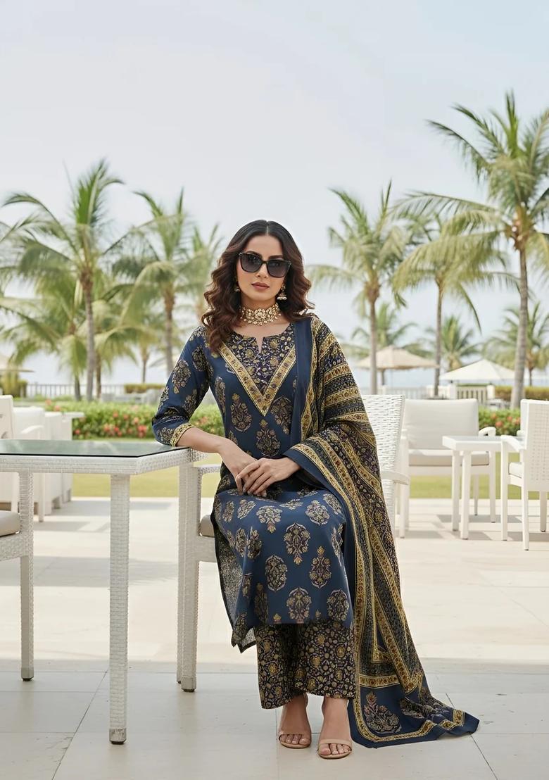 Navy Blue Printed Cotton Palazzo Set - Indya