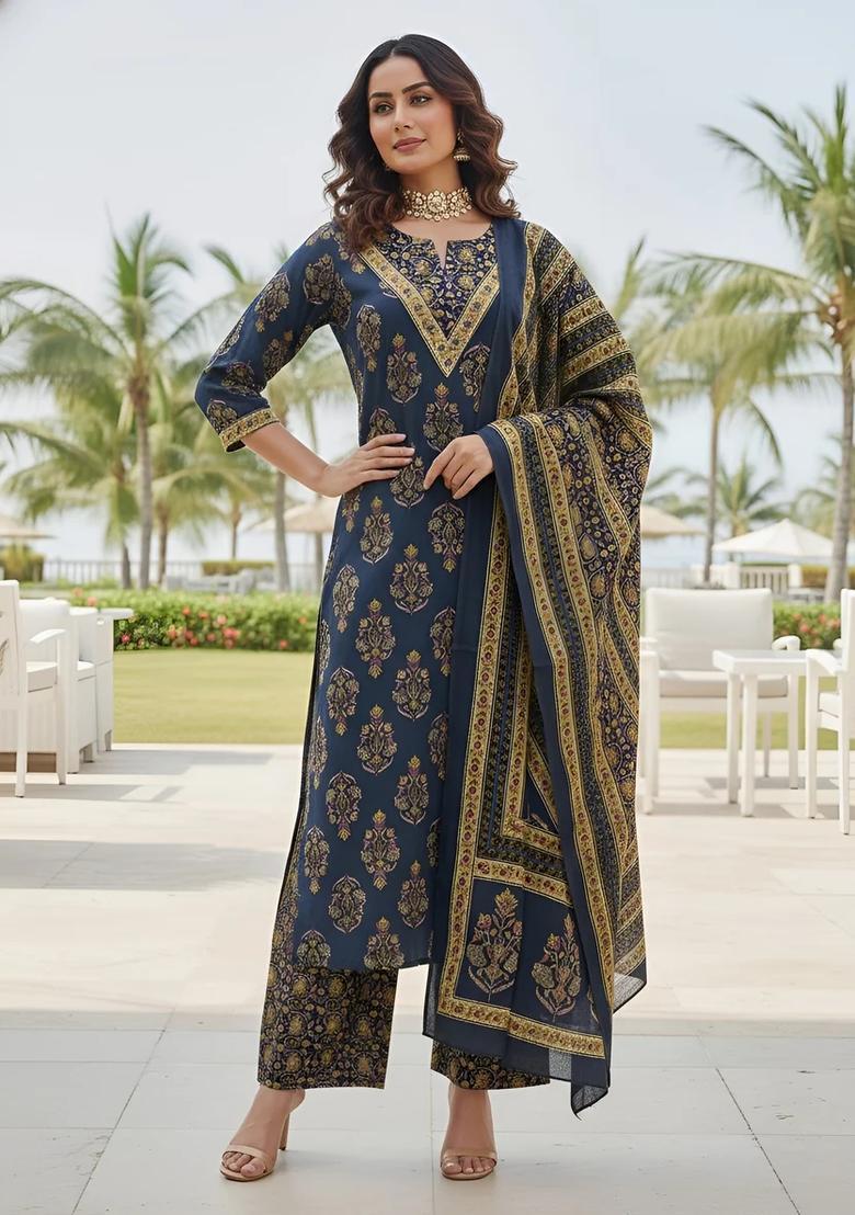 Navy Blue Printed Cotton Palazzo Set - Indya