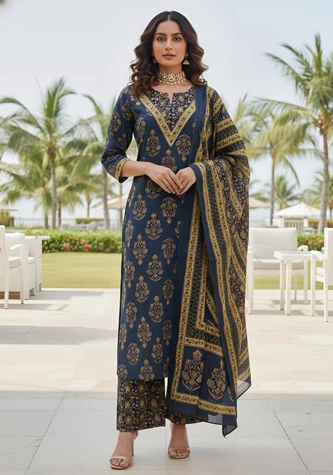 Navy Blue Printed Cotton Palazzo Set