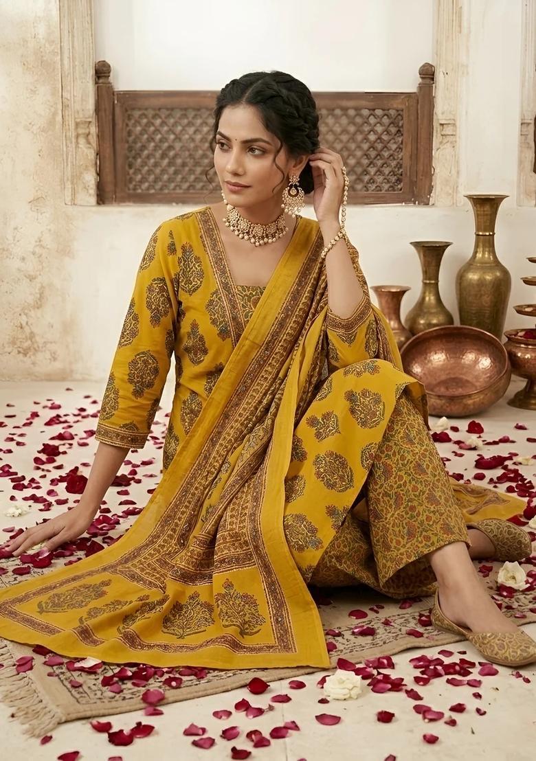 Yellow Printed Cotton Palazzo Set - Indya
