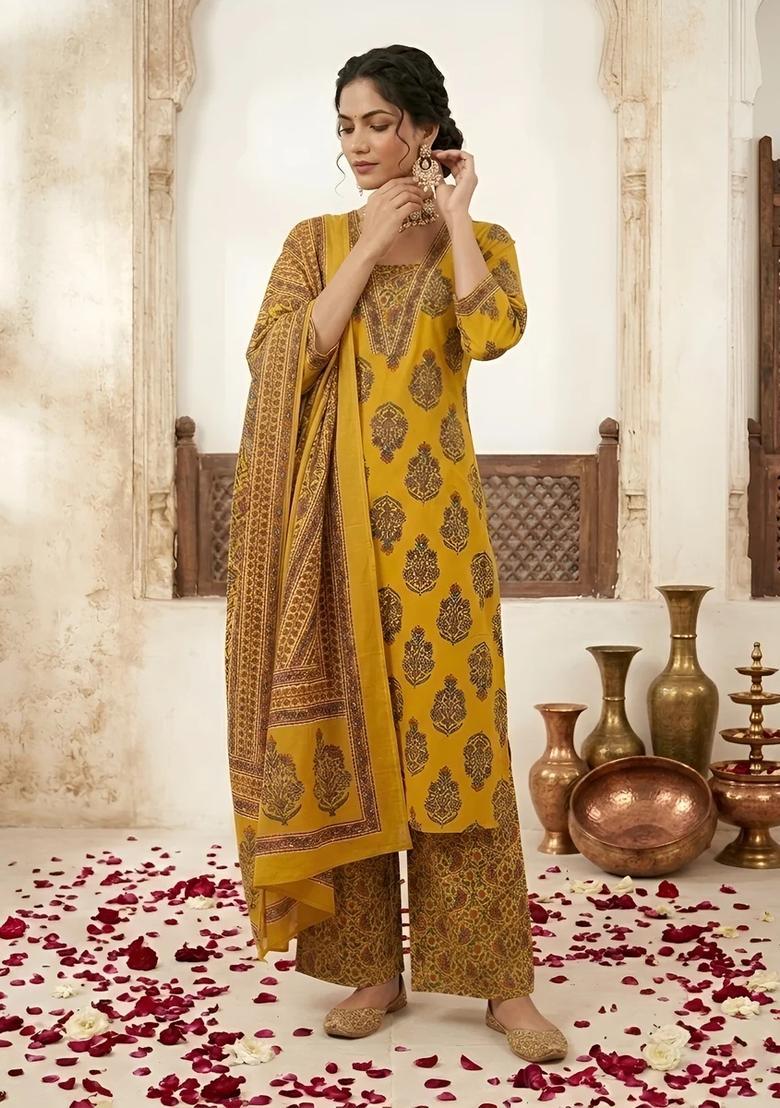 Yellow Printed Cotton Palazzo Set - Indya