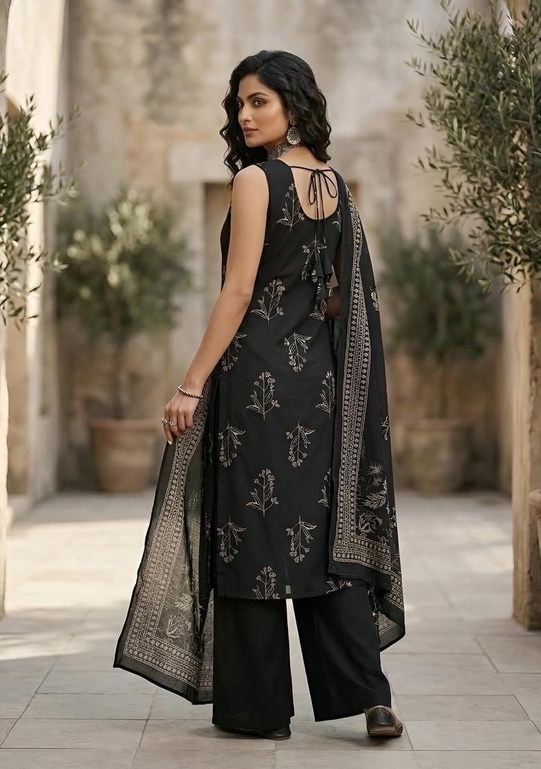 Black Printed Cotton Palazzo Set - Indya