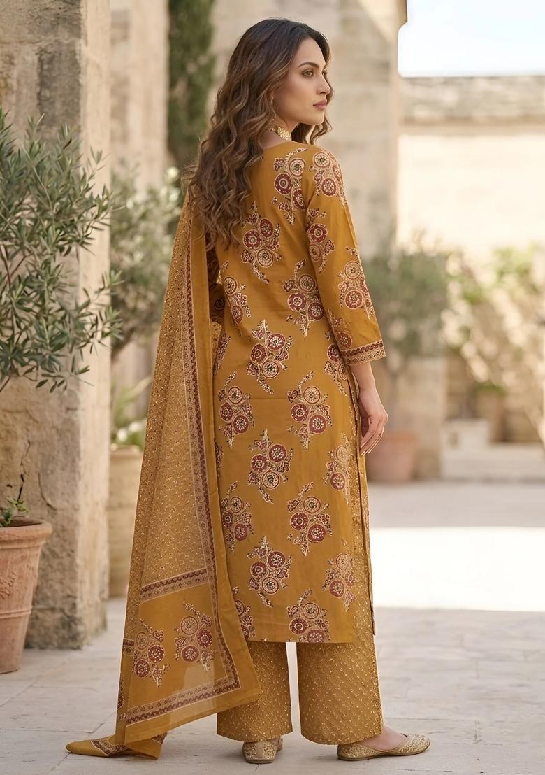 Mustard Printed Cotton Palazzo Set - Indya