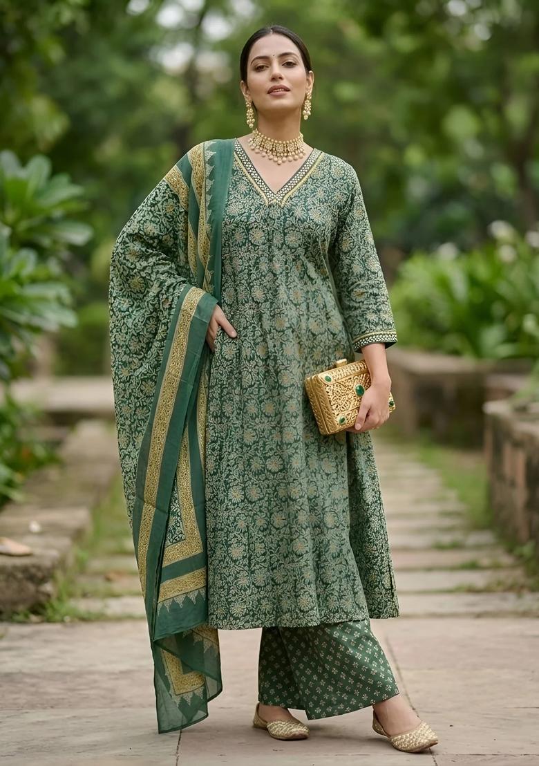 Green Printed Cotton Palazzo Set - Indya