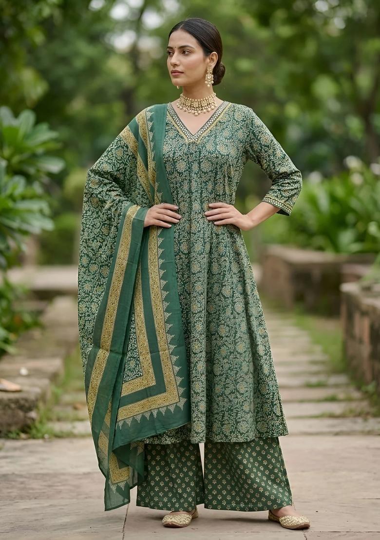 Green Printed Cotton Palazzo Set - Indya