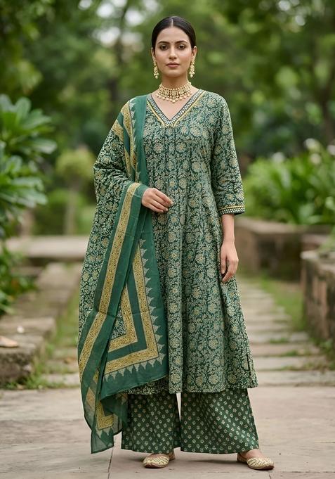 Green Printed Cotton Palazzo Set