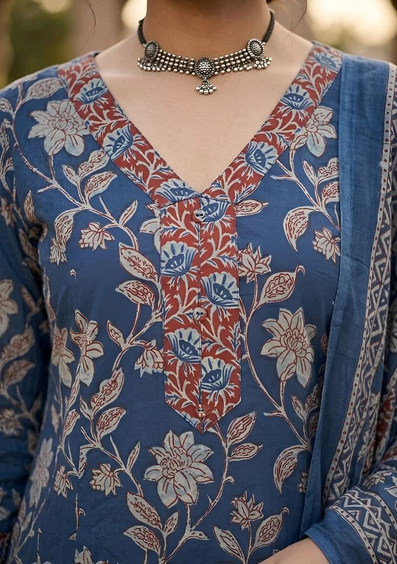 Navy Blue Printed Cotton Palazzo Set - Indya