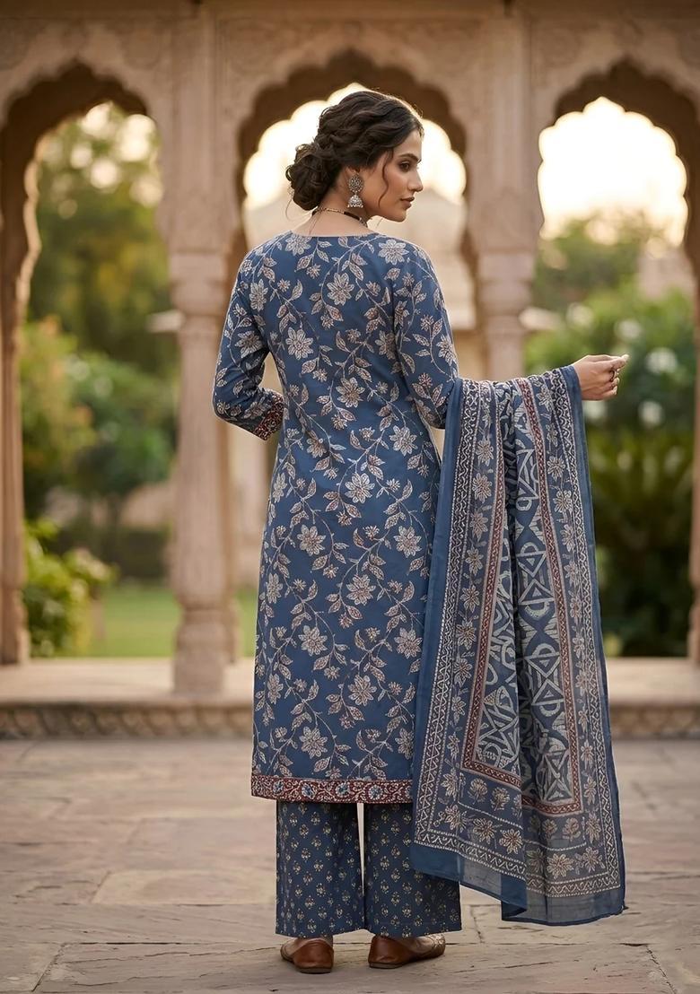 Navy Blue Printed Cotton Palazzo Set - Indya