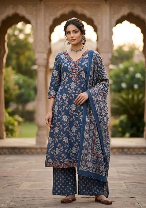 Navy Blue Printed Cotton Palazzo Set