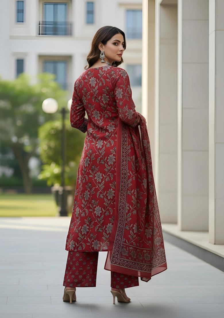Maroon Printed Cotton Palazzo Set - Indya