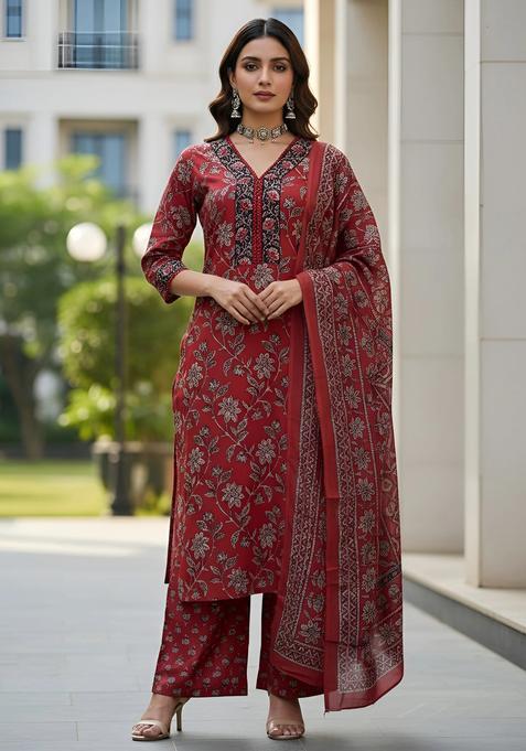 Maroon Printed Cotton Palazzo Set