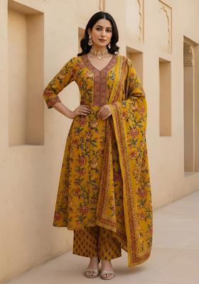 Yellow Printed Cotton Kurta Set