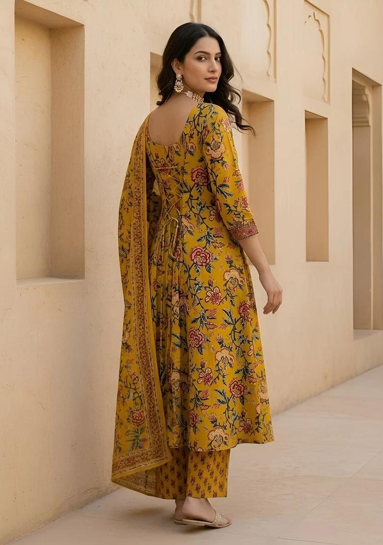 Yellow Printed Cotton Kurta Set - Indya