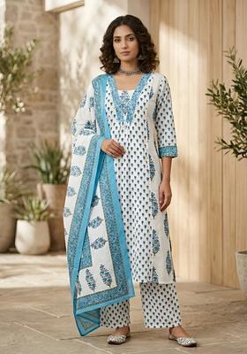Off White Printed Cotton Kurta Set