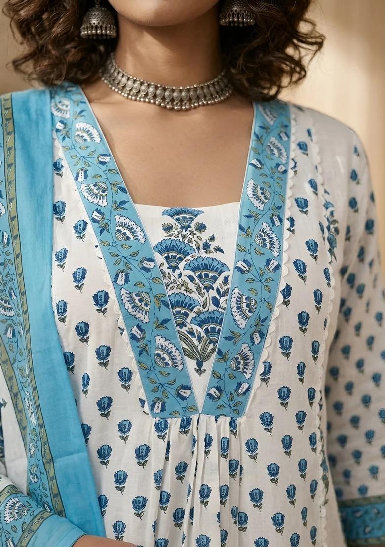 Off White Printed Cotton Kurta Set - Indya