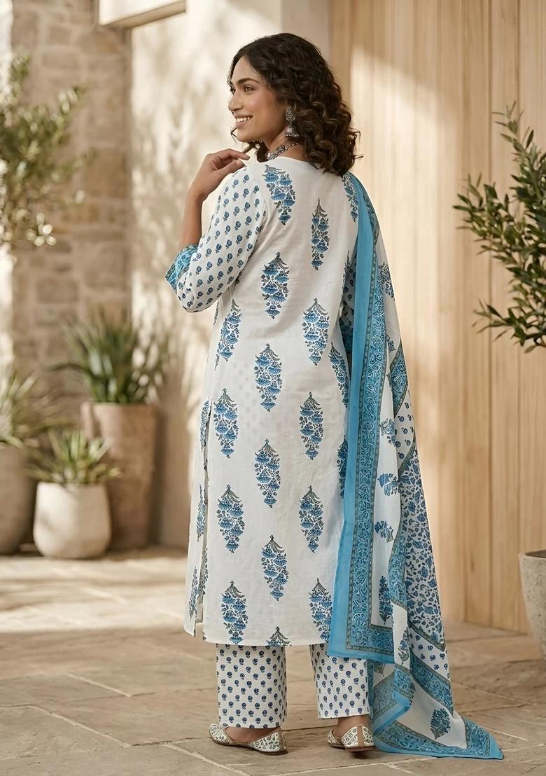 Off White Printed Cotton Kurta Set - Indya