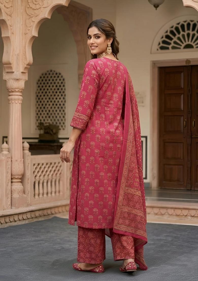 Pink Printed Cotton Palazzo Set - Indya
