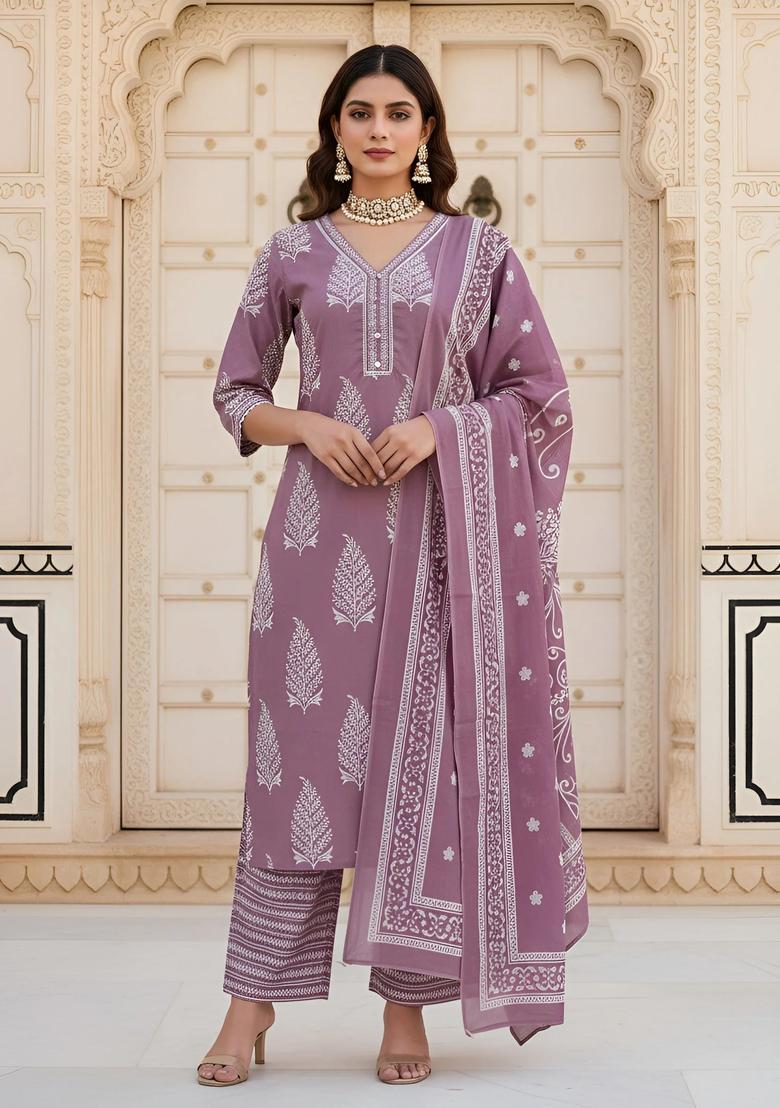 Mauve Printed Cotton Palazzo Set - Indya