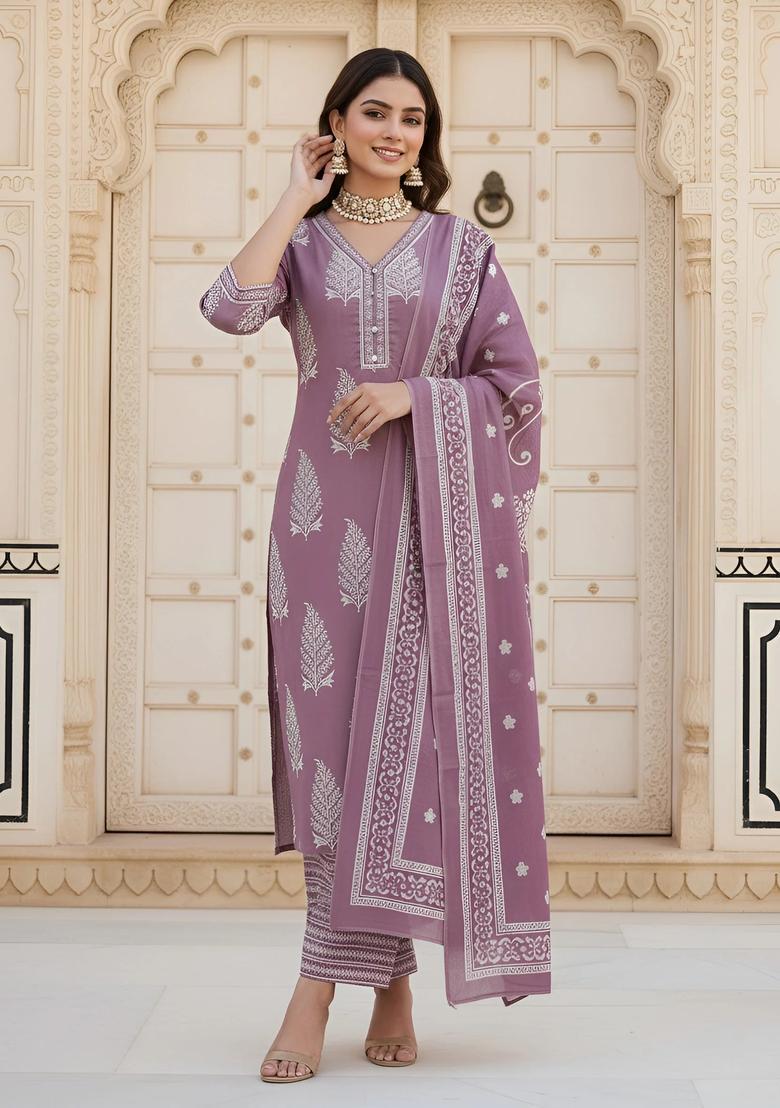 Mauve Printed Cotton Palazzo Set - Indya