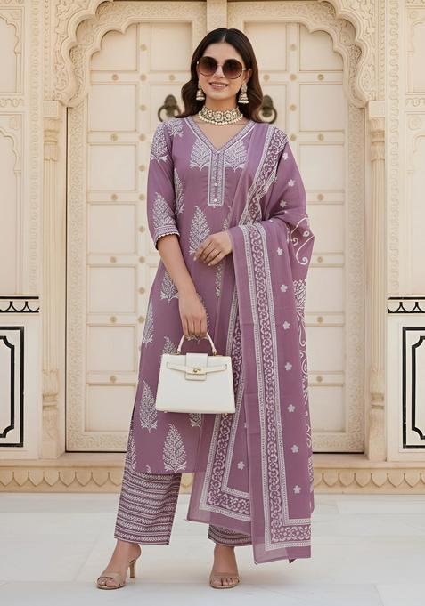 Mauve Printed Cotton Palazzo Set