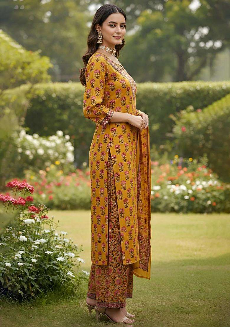 Yellow Printed Cotton Palazzo Set - Indya