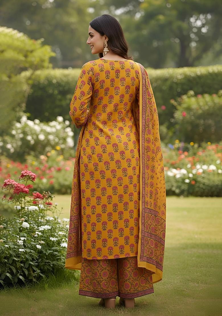 Yellow Printed Cotton Palazzo Set - Indya