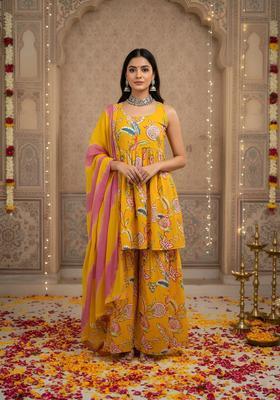 Yellow Printed Cotton Sharara Set