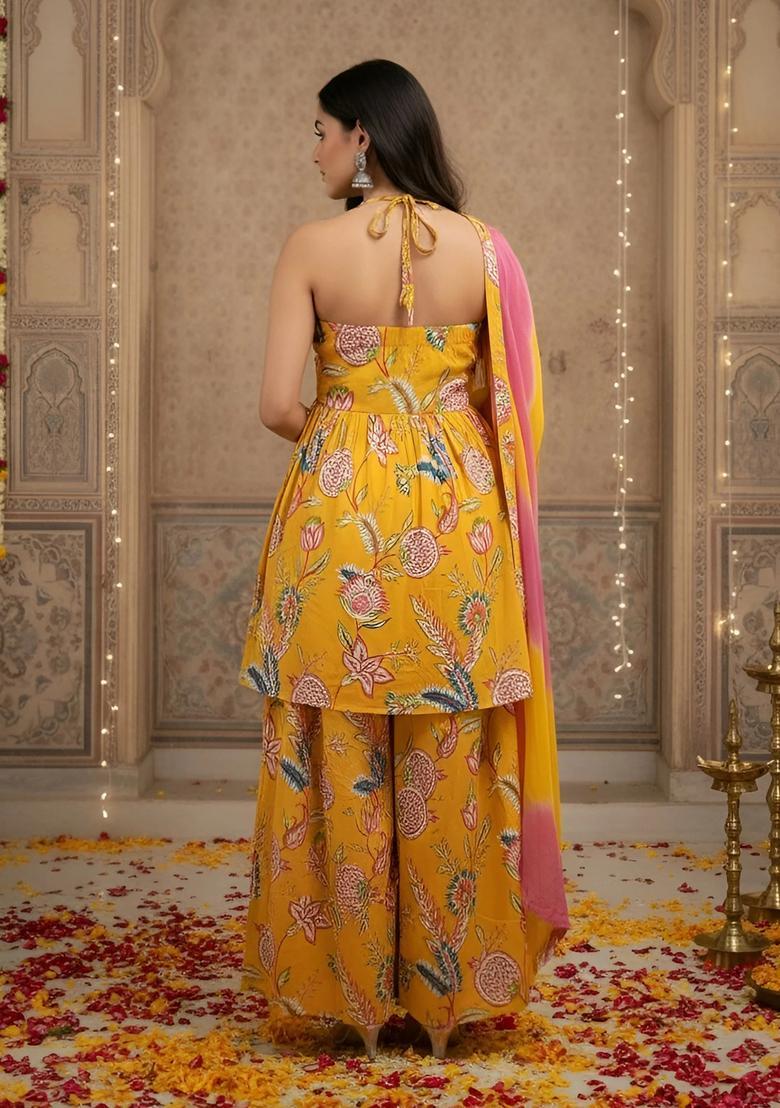 Yellow Printed Cotton Sharara Set - Indya