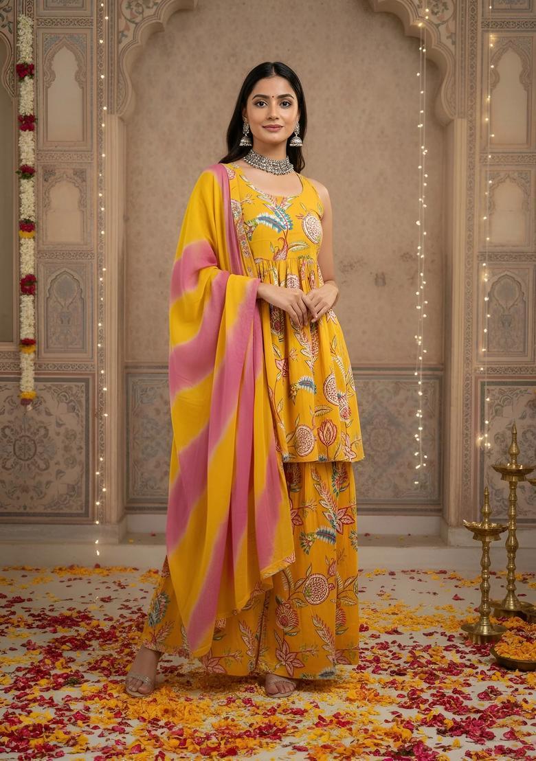 Yellow Printed Cotton Sharara Set - Indya