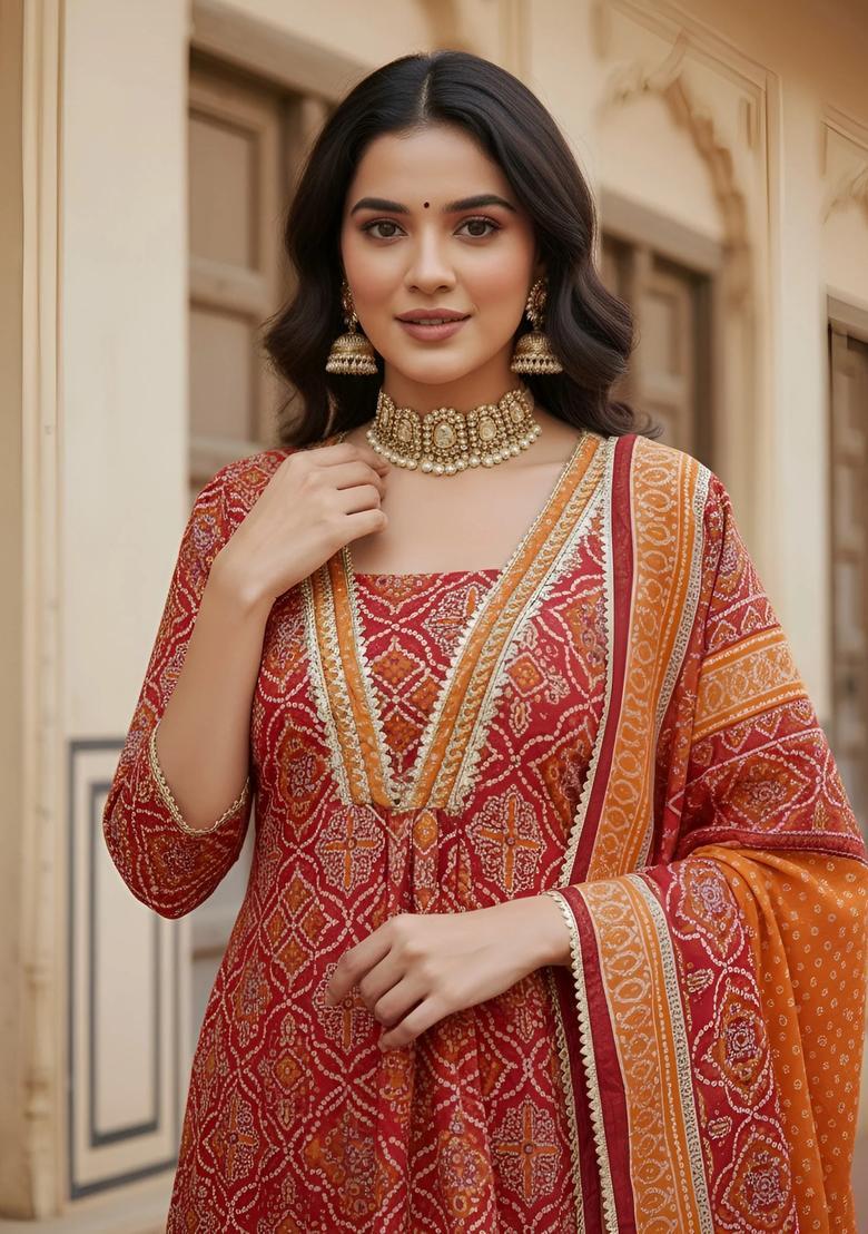 Red Printed Cotton Palazzo Set - Indya