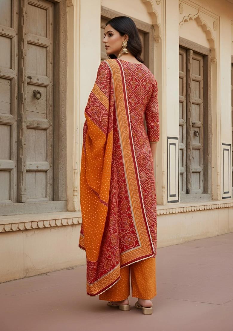 Red Printed Cotton Palazzo Set - Indya