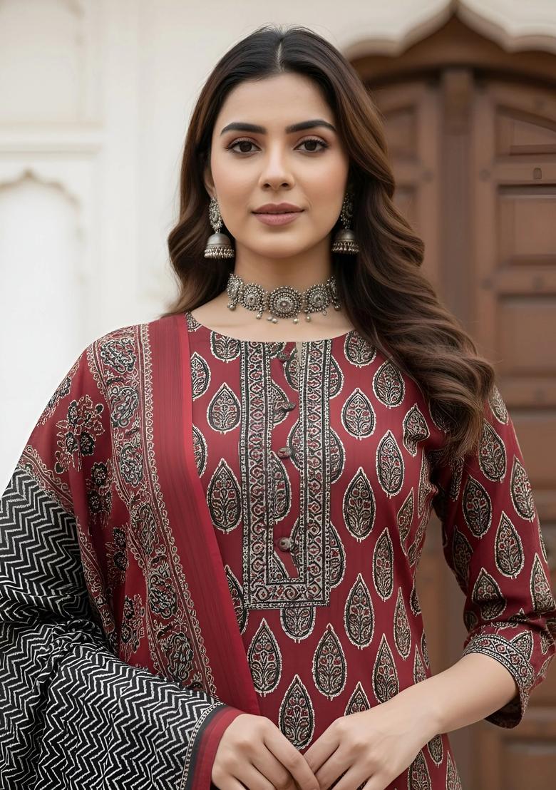 Maroon Printed Cotton Palazzo Set - Indya