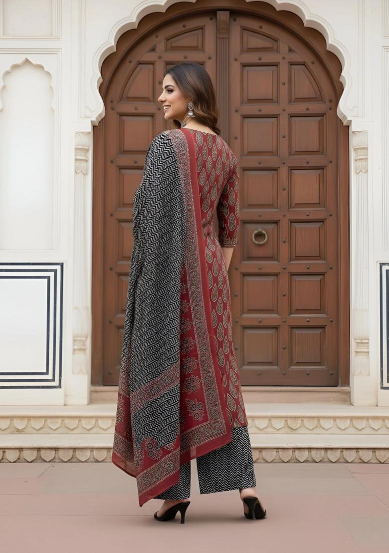 Maroon Printed Cotton Palazzo Set - Indya