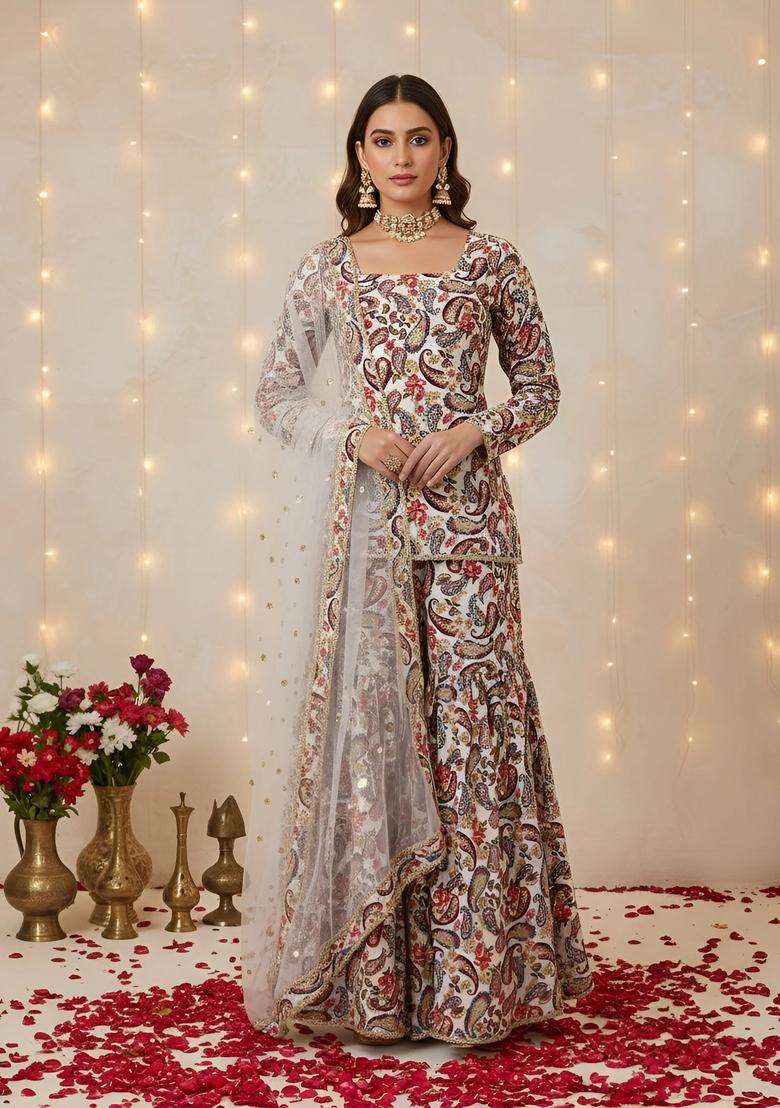Off White Printed Cotton Sharara Set - Indya