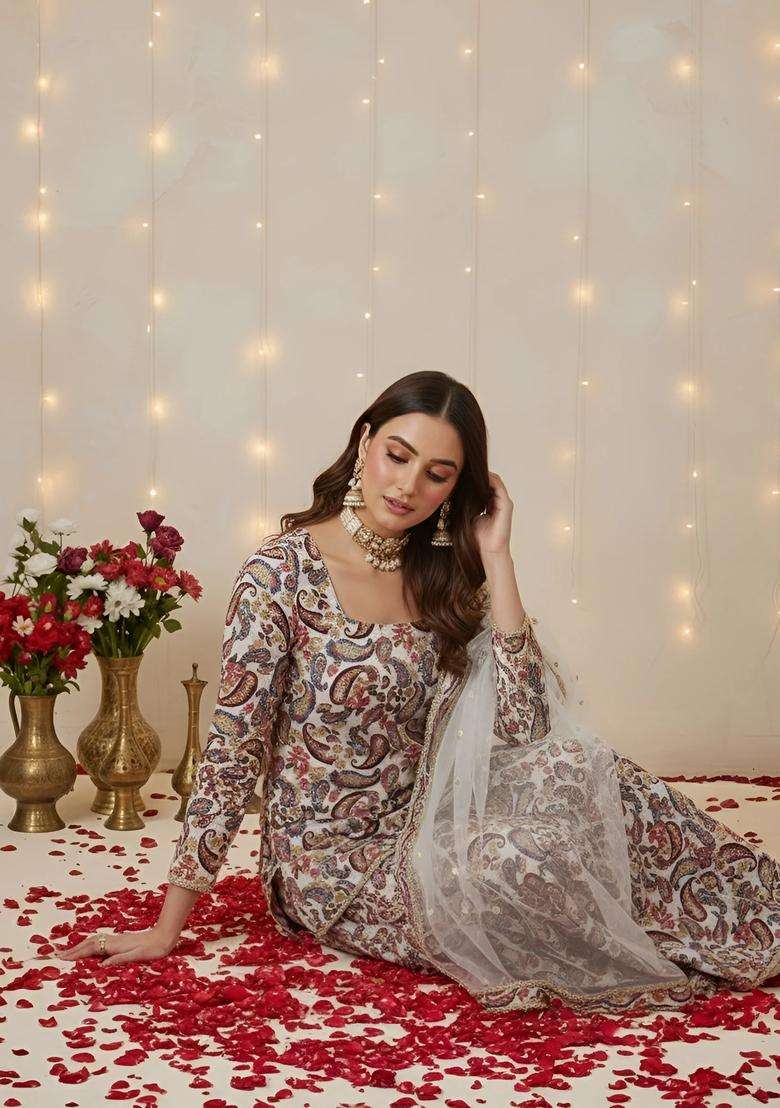 Off White Printed Cotton Sharara Set - Indya