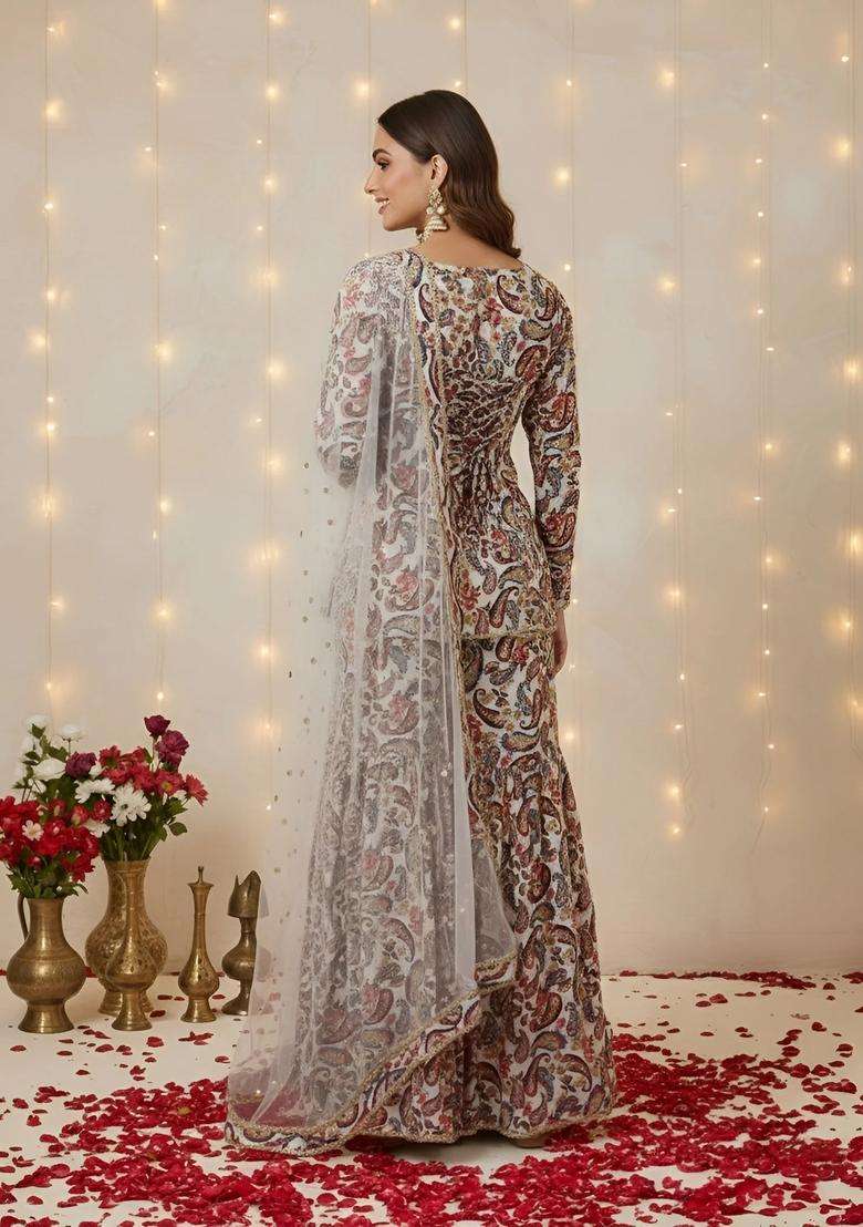 Off White Printed Cotton Sharara Set - Indya