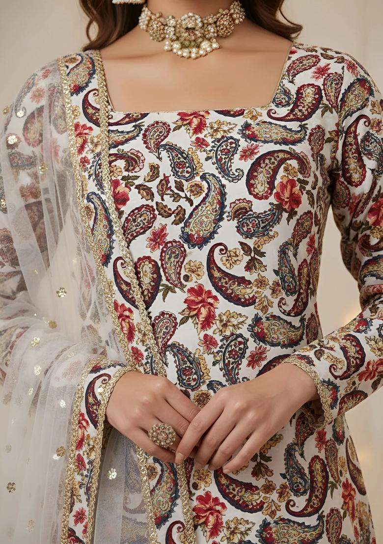 Off White Printed Cotton Sharara Set - Indya